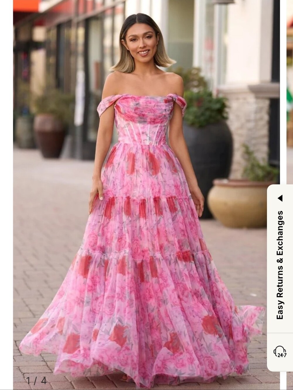 A Line Floral Pink Long Prom Dress